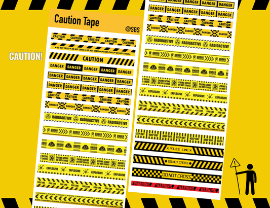 A sheet of yellow caution tape stickers with various warning labels, presented in a comic book style layout with a cartoon character holding a caution tape marker.
