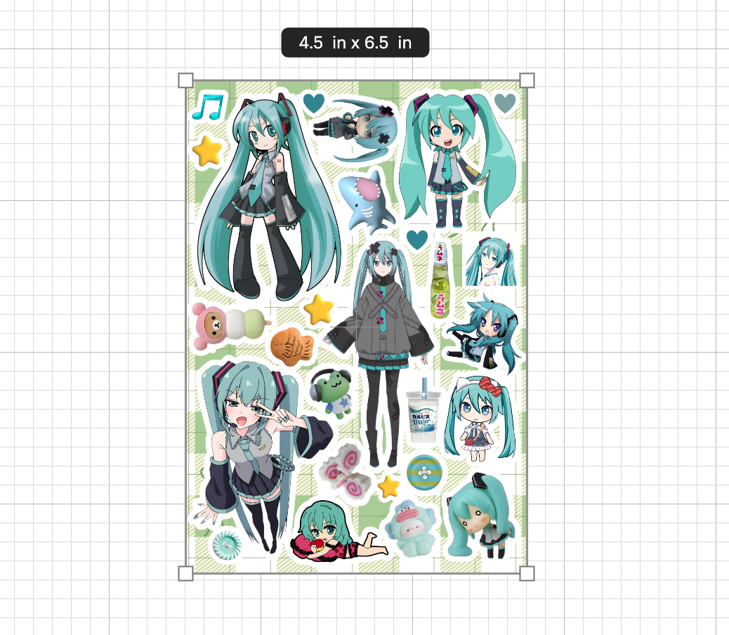 Sheet of stickers featuring a character with teal hair and black clothing on a grid background.