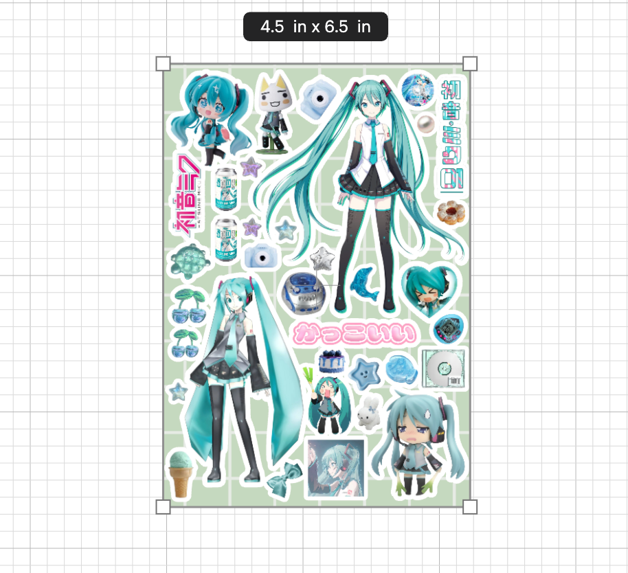 Sheet of stickers featuring an anime character with blue hair and a green background