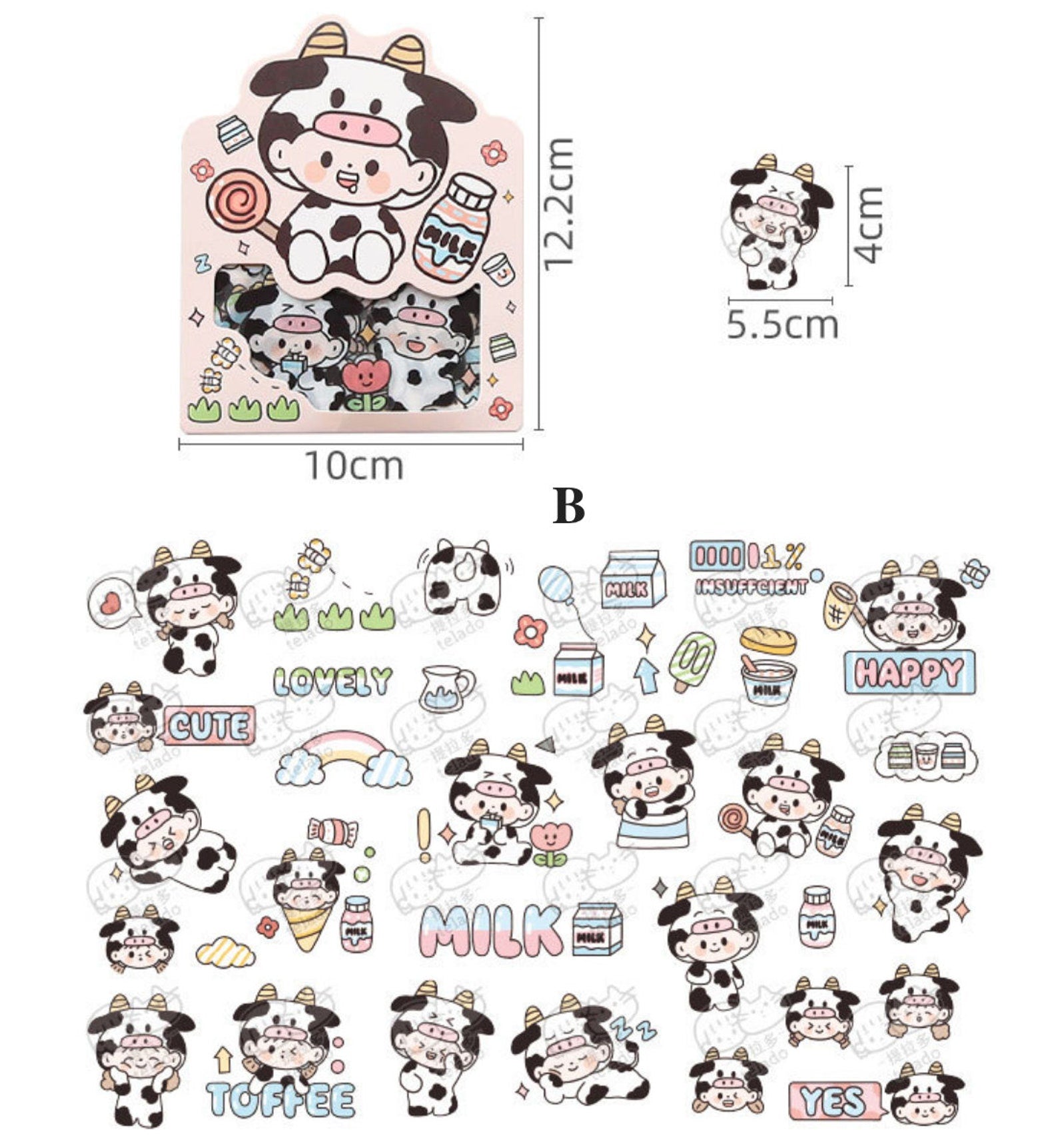 PET Kawaii Cow and Panda Sticker