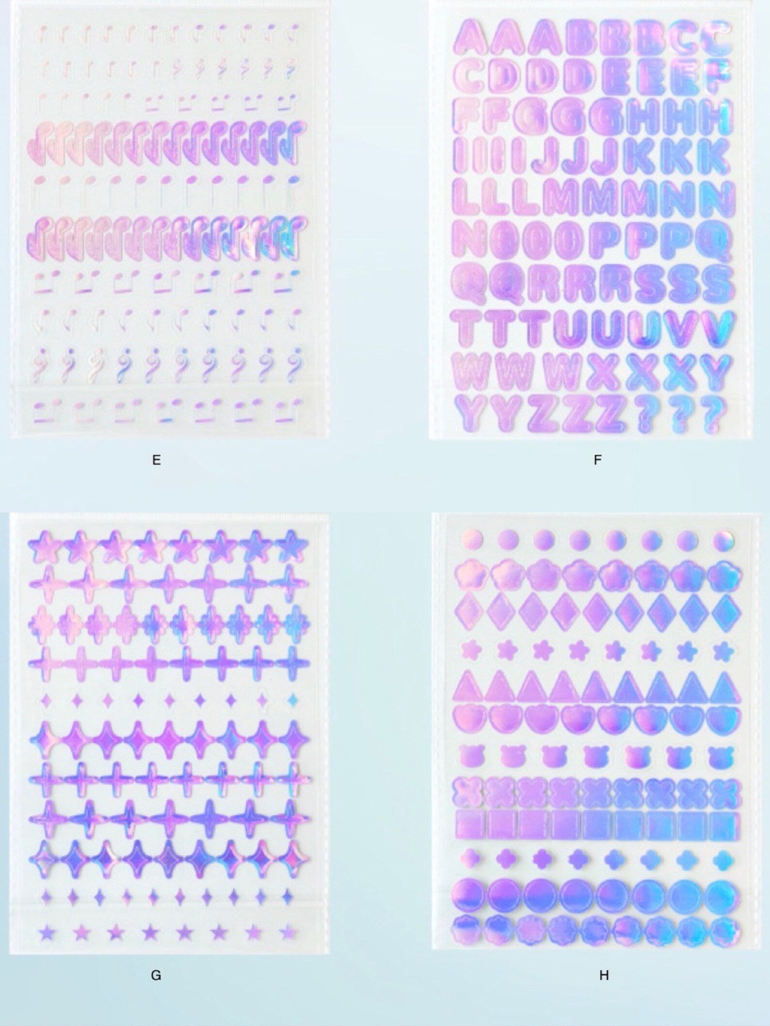 Holographic toploader deco sticker sheet, butterfly ribbon alphabet music note sticker sheet