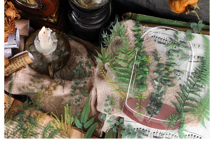 Set of 20pcs mushroom stickers, butterfly stickers, fern stickers, red floral stickers, planet stickers, clear stickers