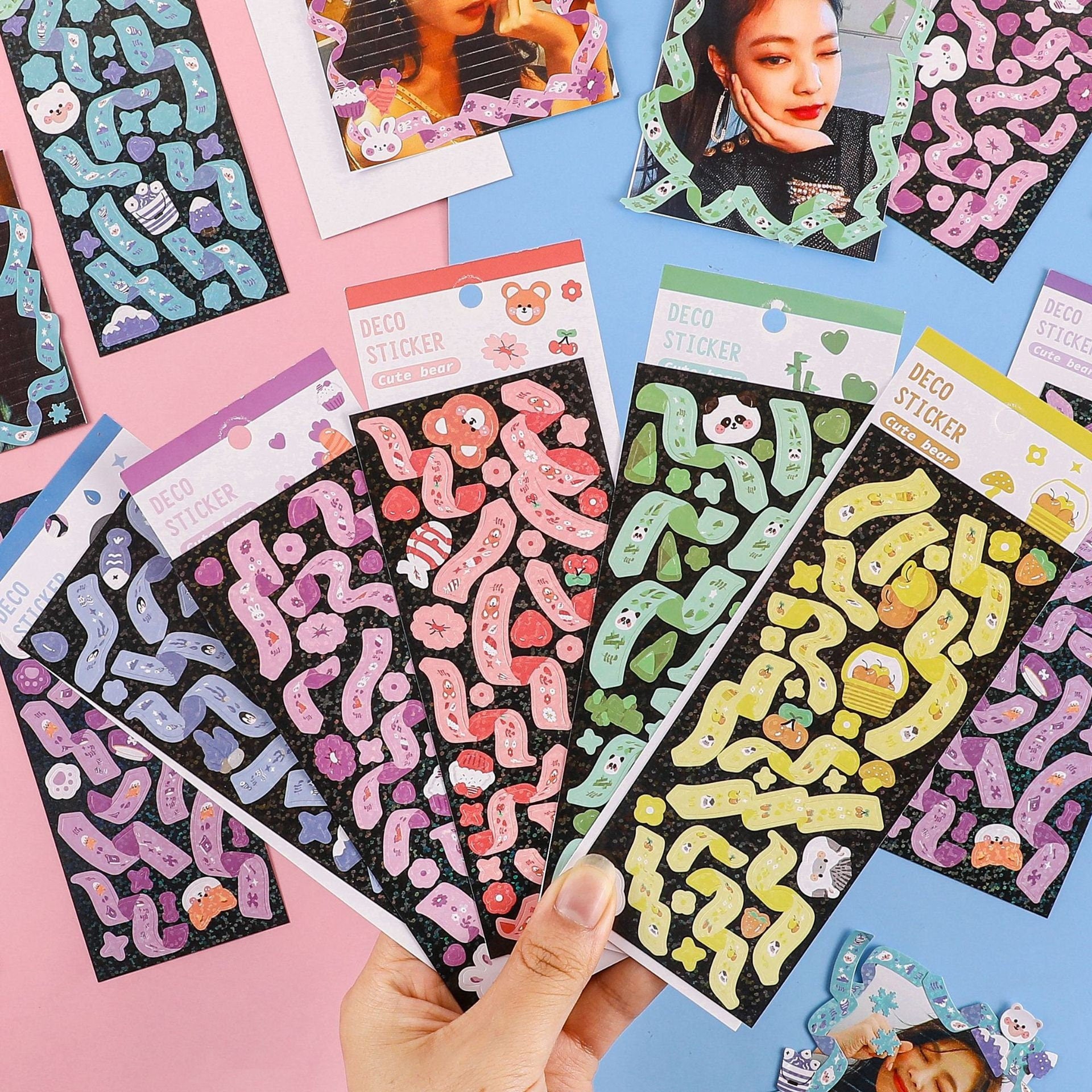 colorful stickers, ribbon sticker, deco sticker, fun sticker, panda sticker, kpop sticker