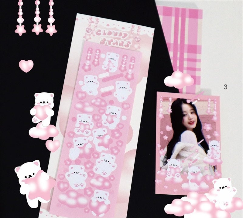 Kawaii cat deco stickers, card making sticker sheet, photo frame stickers, pink sticker sheet