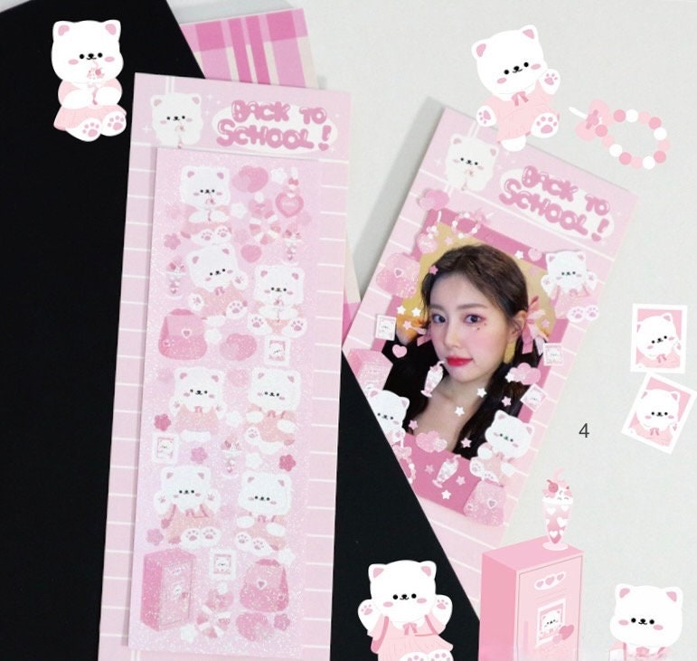 Kawaii cat deco stickers, card making sticker sheet, photo frame stickers, pink sticker sheet