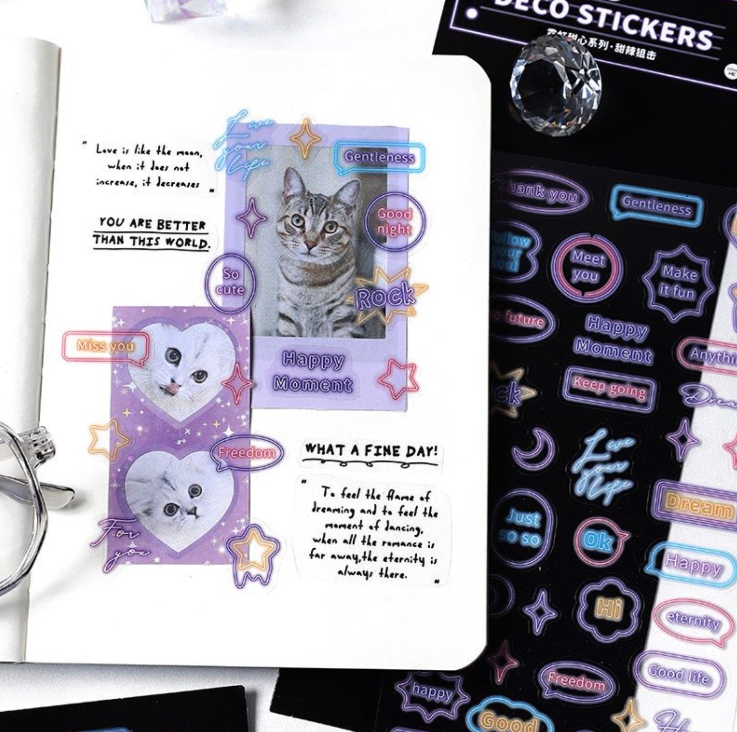 Neon light deco sticker sheet, planner, journal, scrapbooking sticker, PET sticker sheet