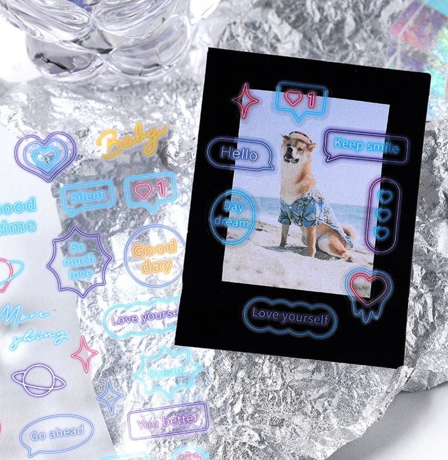 Neon light deco sticker sheet, planner, journal, scrapbooking sticker, PET sticker sheet