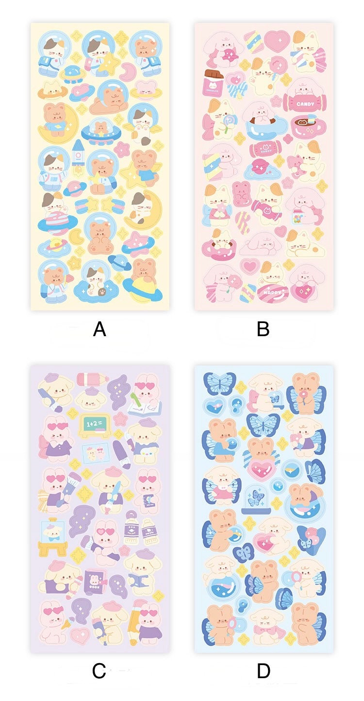 Kawaii bear and bunny sticker sheet, butterfly spaceship deco sticker, scrapbooking, planner sticker