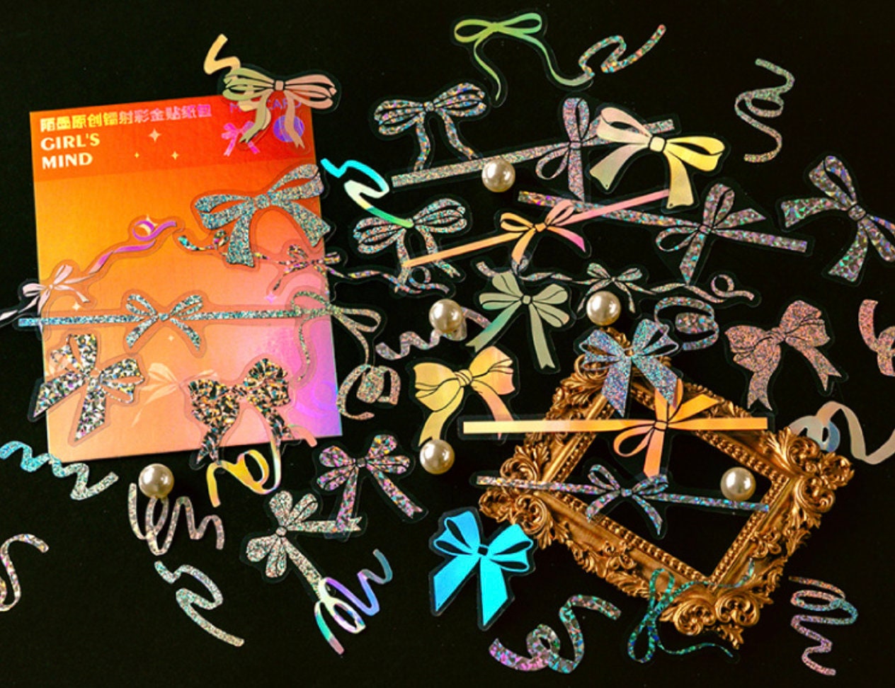 Holographic butterfly scrapbooking sticker pack, floral sticker, ribbon bow stickers